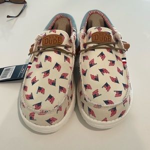 Brand new Hey Dudes! Never worn, perfect condition, patriotic